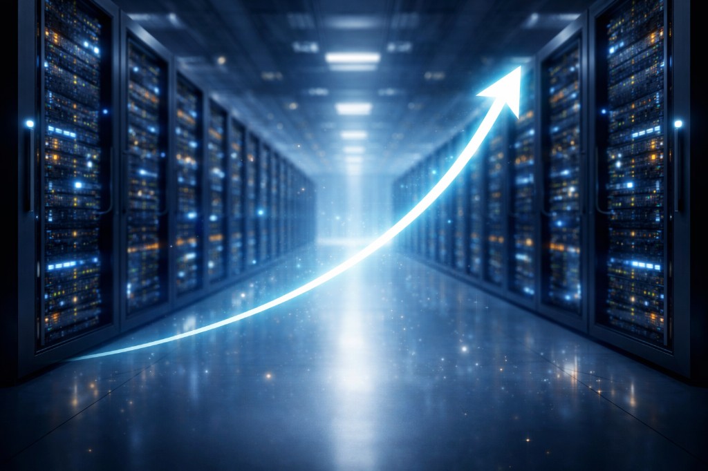 Data center corridor with glowing growth arrow